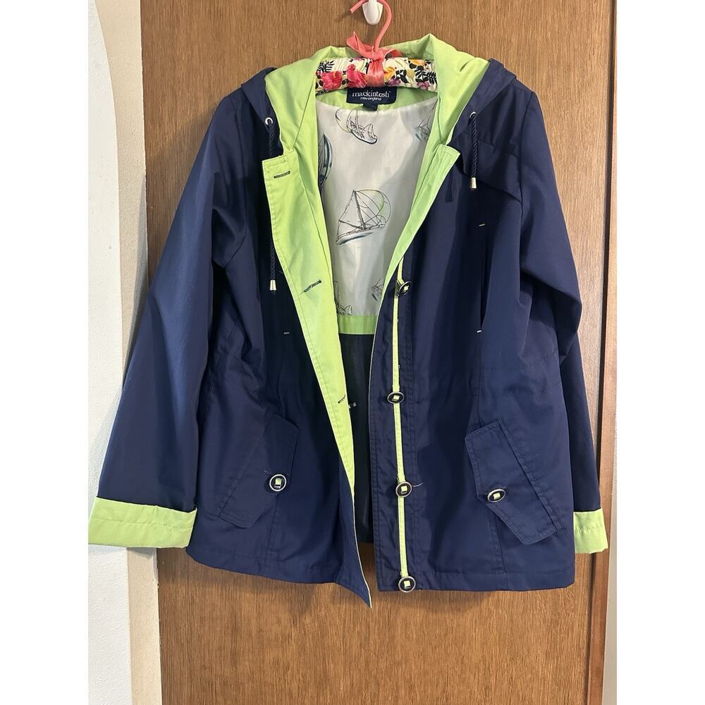 Mackintosh New England Womens M Rain Jacket Blue Hooded Coat adjustable waist